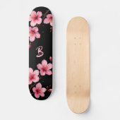 Floral Cherry Blossom Monogram Black Pink Girly スケートボード (正面)