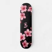 Floral Cherry Blossom Monogram Black Pink Girly スケートボード (正面)