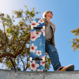 Floral Cherry Blossom Monogram Blue Pink Girly スケートボード