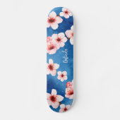 Floral Cherry Blossom Monogram Blue Pink Girly スケートボード (正面)