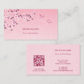 Floral Cherry Blossom Pink Glitter QR Code 名刺 (正面/裏面)
