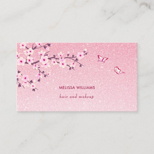 Floral Cherry Blossom Pink Glitter QR Code 名刺 (正面)