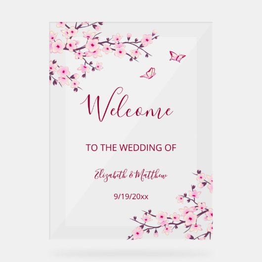 Floral Cherry Blossom Transparent Wedding Welcome アクリルサイン (正面)