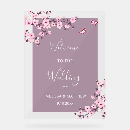 Floral Cherry Blossom Transparent Wedding Welcome アクリルサイン (正面)
