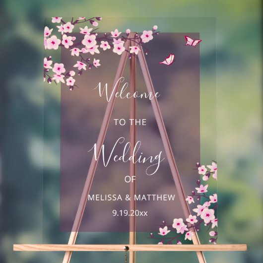 Floral Cherry Blossom Transparent Wedding Welcome アクリルサイン (ニュートラル)