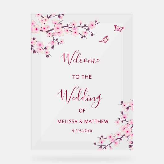 Floral Cherry Blossom Transparent Wedding Welcome アクリルサイン (正面)