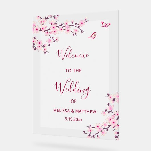 Floral Cherry Blossom Transparent Wedding Welcome アクリルサイン (傾斜)