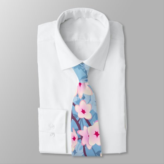 Floral Cherry Blossoms Blue Pink ネクタイ (タイ)