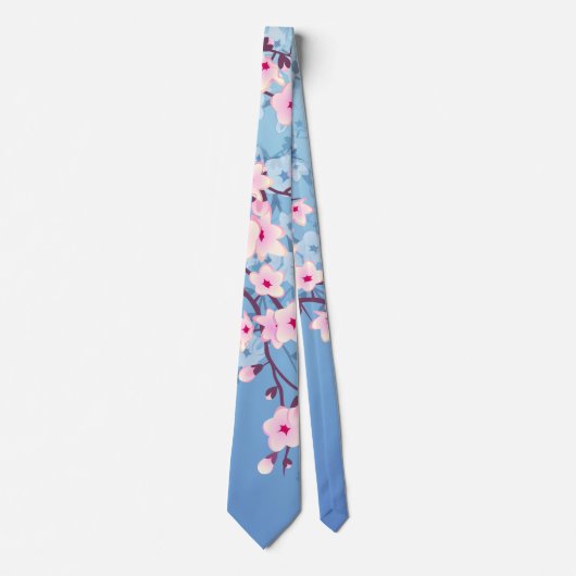 Floral Cherry Blossoms Blue Pink ネクタイ (正面)