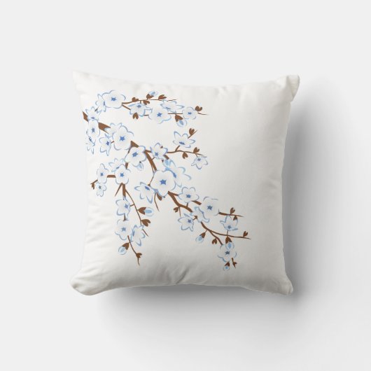 Floral Cherry Blossoms Blue White クッション (正面)