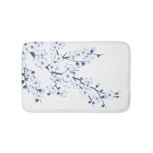 Floral Cherry Blossoms Blue White バスマット (正面)