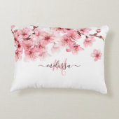 Floral Cherry Blossoms Pink White Customizable アクセントクッション (裏面)