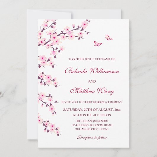 Floral Cherry Blossoms  Pink White Wedding  招待状 (正面)