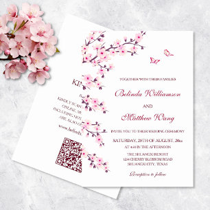 Floral Cherry Blossoms Pink White Wedding 招待状