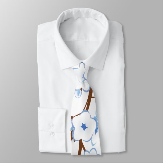 Floral Cherry Blossoms White Blue ネクタイ (タイ)