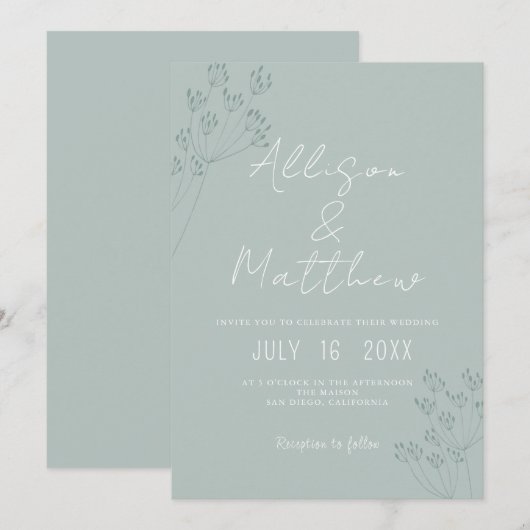 Floral Chic Green Wedding 招待状 (正面/裏面)