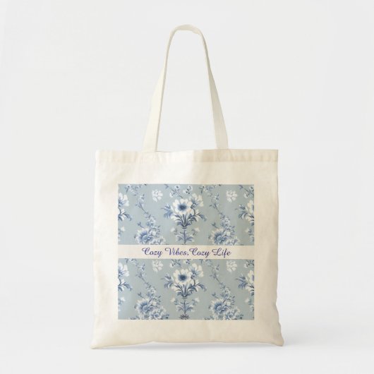 Floral  Chinoiserie Blue Toile with custom text トートバッグ (正面)