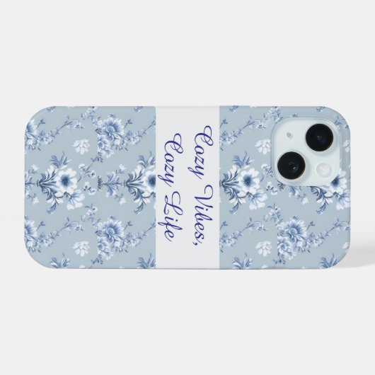 Floral Chinoiserie Blue Toile with custom text iPhone 15ケース (裏面横)