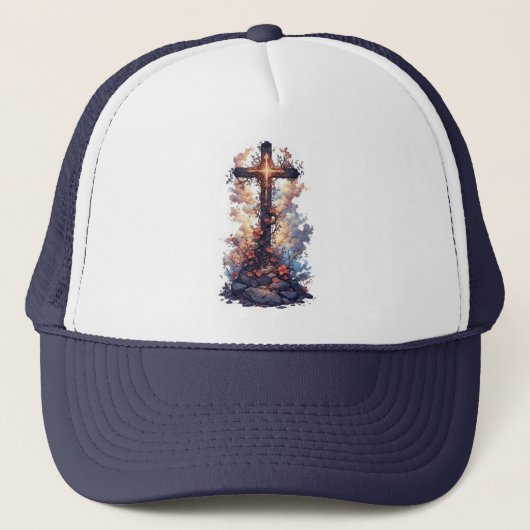 Floral Christian Cross Trucker Hat キャップ (正面)