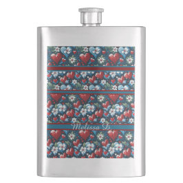 Floral Christmas Hearts in Red Blue and Green フラスク