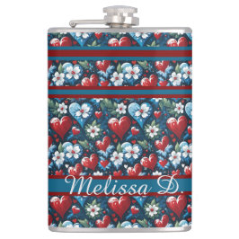 Floral Christmas Hearts in Red Blue and Green フラスク