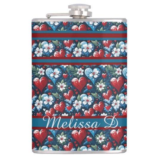 Floral Christmas Hearts in Red Blue and Green フラスク (正面)