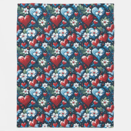 Floral Christmas Hearts in Red Blue and Green フリースブランケット