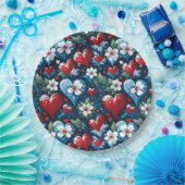 Floral Christmas Hearts in Red Blue and Green ペーパープレート (パーティー)