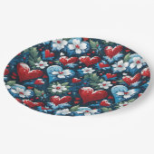 Floral Christmas Hearts in Red Blue and Green ペーパープレート (アングル)