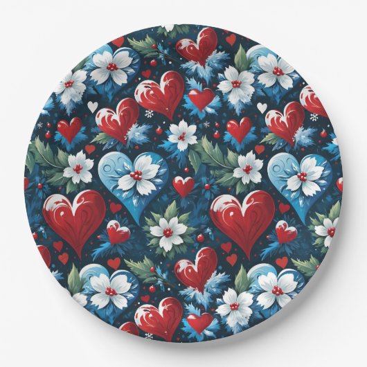 Floral Christmas Hearts in Red Blue and Green ペーパープレート (正面)