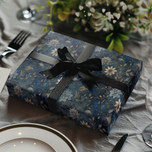 Floral Christmas Midnight Blue and Cream Gift  ラッピングペーパーシート