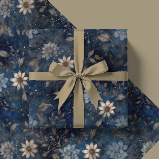 Floral Christmas Midnight Blue and Cream Gift  ラッピングペーパー