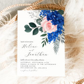 Floral Cobalt Blue Pink Garden Elegant Wedding 招待状