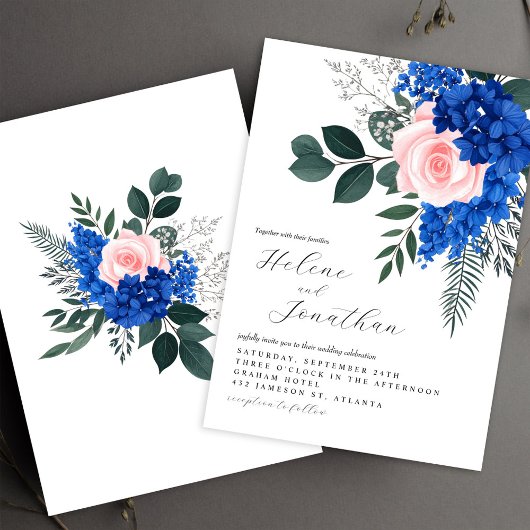 Floral Cobalt Blue Pink Garden Elegant Wedding 招待状
