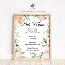 Floral Cocktail Bar Menu Bridal Shower Sign ポスター