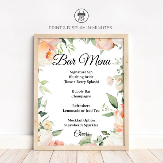 Floral Cocktail Bar Menu Bridal Shower Sign ポスター