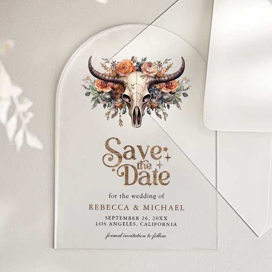 Floral Cow Skull Western Wedding Save the Date アクリル招待状