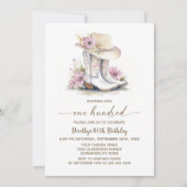 Floral Cowgirl Boots and Hat 100th Birthday Party 招待状 (正面)