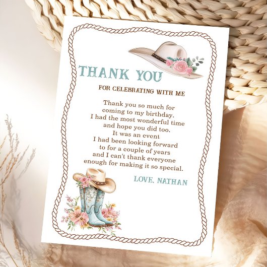 Floral Cowgirl Boots and Hat Birthday サンキューカード