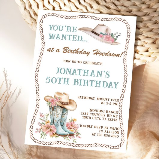 Floral Cowgirl Boots and Hat Birthday Invitation  招待状