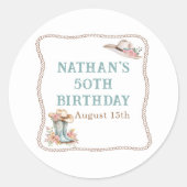 Floral Cowgirl Boots and Hat Birthday Sticker ラウンドシール (正面)