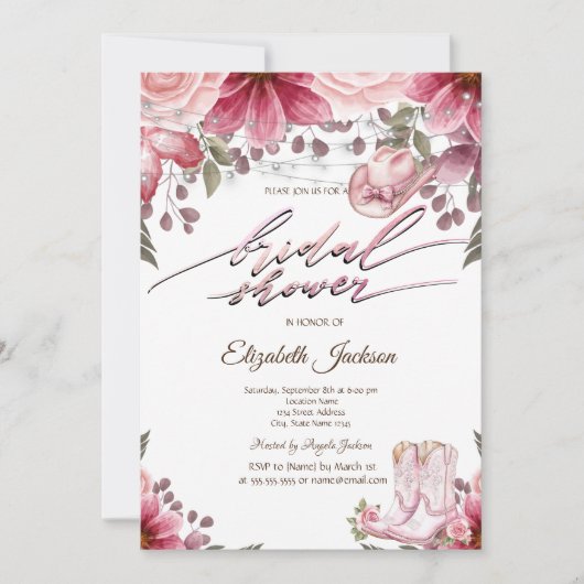 Floral Cowgirl Boots Hat Lights Bridal Shower  招待状 (正面)