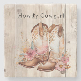 Floral Cowgirl Boots Ivory Faux Wood Personalized  ストーンコースター