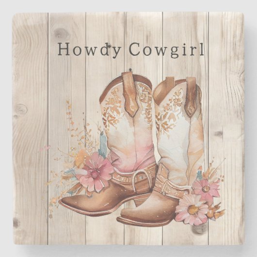 Floral Cowgirl Boots Ivory Faux Wood Personalized ストーンコースター (正面)