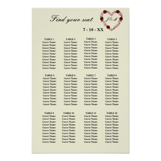 Floral Cream Heart Wedding Seating Plan 12 Tables ポスター (正面)