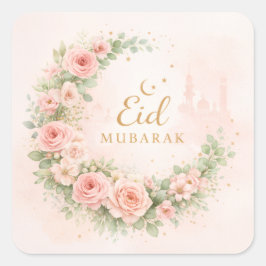 Floral Crescent Eid Mubarak Stickers– Soft Pink & スクエアシール