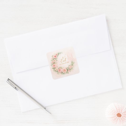 Floral Crescent Eid Mubarak Stickers– Soft Pink & スクエアシール (封筒)
