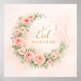 Floral Crescent Eid Mubarak Wall Art – Soft Pink & ポスター