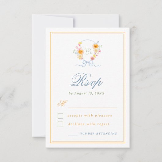 Floral Crest Bow Monogram Spring Wedding 出欠カード (正面)