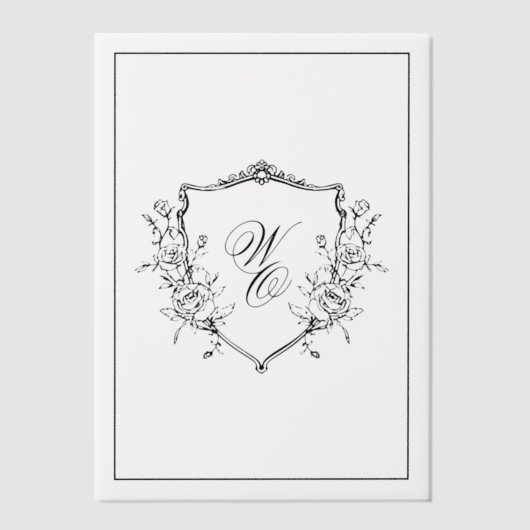 Floral Crest Cream Black Monogram Wedding Overlay ベラム紙招待状 (正面)
